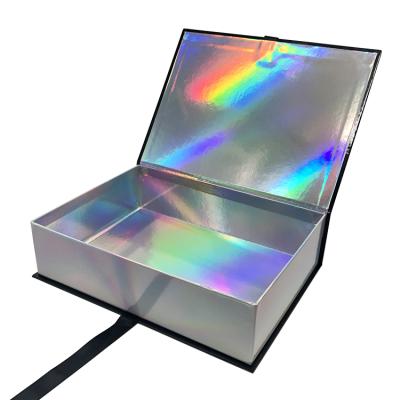 China Recycled luxury custom holographic collapsible carton gift box of apparel/fabric/apparel/materials brand garment with ribbon for lingerie for sale