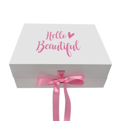 China Recycled Materials Logo Luxury White Cardboard Box Custom Skin Care Packaging With Ribbon Cosmetic Makeup Magnetic Closure Flap Gift Boxes for sale