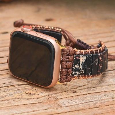 China Easy Installation Exclusive Black Emperor Stones Apple Watch Strap Bohemian Tube Shape Jasper Stone Irregular Grain Watch Band for sale