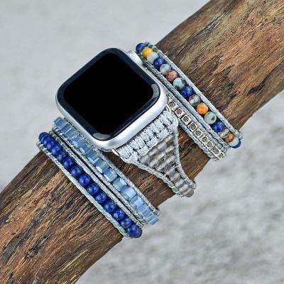 China Gems & Stones Wholesale Natural Stones Lazulite Charm 5 Strands Wraps Handmade Watch Band 38mm 42mm Stainless Steel Bracelet For Apple Watch Strap for sale