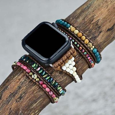 China Daily Life Unique Natural Stones 5 Strands Wrap Handmade Apple Watch Band Straps Boho iWatch Strap Wholesale 45mm 44mm 42mm 40mm 38mm for sale