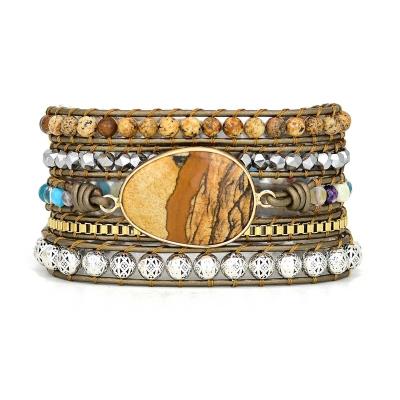 China BOHEMIA image stone hand - retro multi-layer leather bracelet couples bracelet woven stone bead jewelry creative bracelet for sale