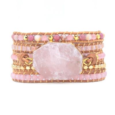 China Religious Hot Sale Multilayer Gemstone Rose Crystal Natural Stone Beads 5 Strand Rose Quartz Handmade Quartz Rope Wrap Leather Bracelets for sale