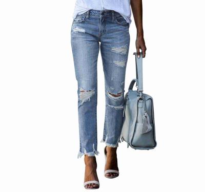 China Sustainable Buddy Light Blue Distressed Denim Pants Womens Trousers And Slacks Jeans for sale