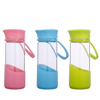 China Customized Sustainable Wide Mouth Borosilicate Glass Water Drink Bottle With Silicone Sleeve Cord Private Label for sale