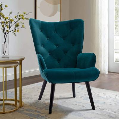 China Modern Tufted Accent Chair Velvet Button Wingback Vanity Chair with Arms Upholstered Tall Back Office Chair with Solid Wood Legs for sale