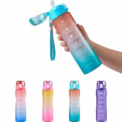 China 32oz BPA Free Viable Leak Proof Plastic Water Bottle Drinking Motivational Water Bottle With Time Marker And Straw Lid for sale