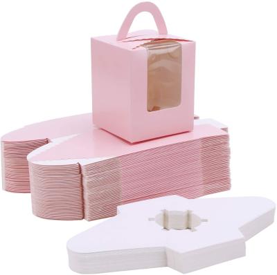 China Recycled Materials Roll Portable Paper Cake Boxes With Window Inserts Handle Gift Box Packaging Clear Cupcake Boxes In Bulk for sale