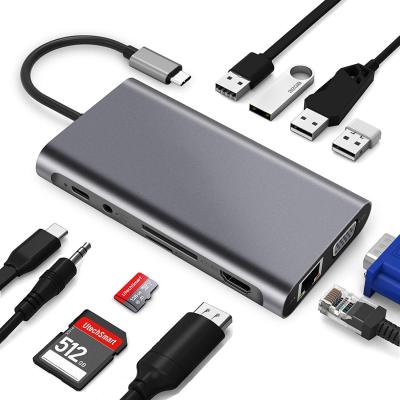 China Aluminum Multi-Port 11 in 1 Type-C PD TF SD USB HUB Cable USB3.0+2.0 HD-MI VGA Converter for sale