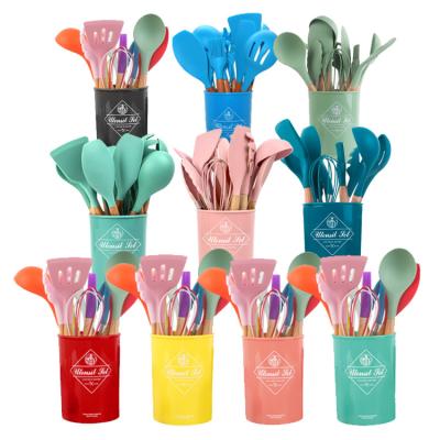 China Viable Custom Wholesale Silicone Kitchen Utensils With Wooden Handles Set Of Kitchen Utensils Non-Stick Cooking Tools for sale