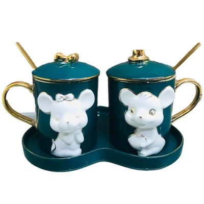 China Viable Green Color Handle Glazed Gold Mug For Mickey Mouse Cup 3d Couple Embossed Mug for sale