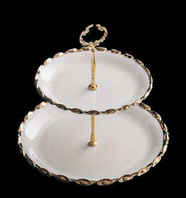 China 2 Tier White Cake Stand Sustainable Glazed Cake Stand Gold Floating Cake Stand for sale