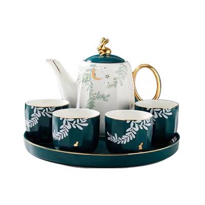 China Viable Popular 6 Pcs Cup Teapot Set And Tray Glossy Dark Green Ceramic Drinkware Color Set Set With Gold Rim for sale