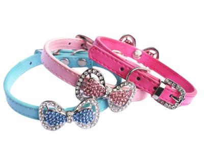 China Diamond Butterfly Knot PU Pet Collar Leash Training Cat Traction Rope Neck Chain Pet JEWELED Colorful Luminous Collar for sale