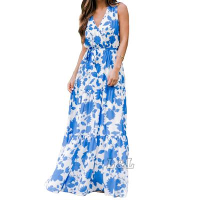 China Lingda Fashion 100% Viscose Summer Flora Printing Maxi Women Floral Dress Anti-wrinkle for sale