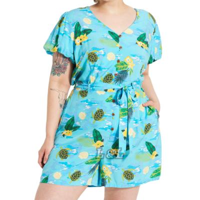 China Lingda Viable Fashion 100% Rayon Printed Blue Flower 2022 Women V-Neck Short Plus Size Jumpsuits Playsuits for sale