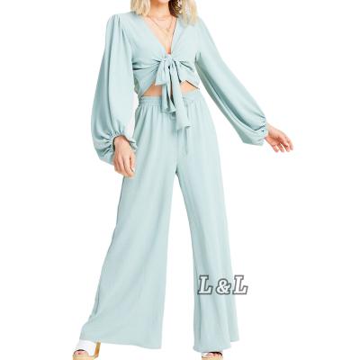 China Factory summer fashion Lingda anti-pilling women's clothing hot selling light blue long pants wholesale pants two-piece set for sale