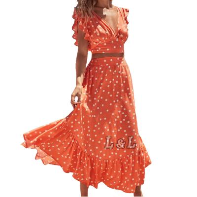 China Lingda Fashion Factory Hot Sale Anti-pilling Summer Digital Printing Orange Polka Dot Women Clothes Summer Two Piece Sets 2022 for sale