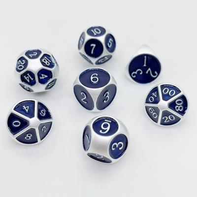 China Polyhedral Dies Set 7pcs Custom Real Blue Paint Plating Real Metal Silver Dies d6 d20 d12 for sale