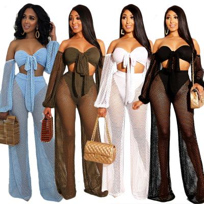 China Fashion Woman Solid Color Beach Wear Set Anti-UV Puff Sleeve Tie Crop Tops Wide Leg See Through Mesh Swim Pants for sale