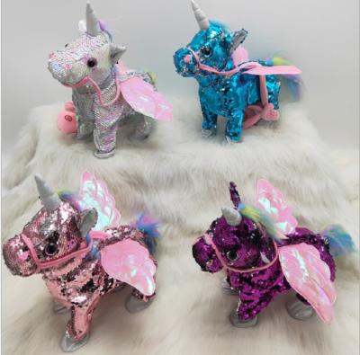 China 2020 Wholesale Cheap Promotion Custom Cute Fashion Pretty Sequins Unicorn Plush Electric Toys for sale