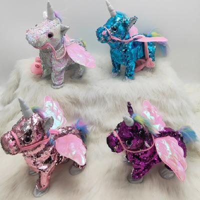 China Hot Selling Amazon Gift Kids Sequins Singing Walking Plush Toy Electric Unicorn Plush Walking Unicorn Toy for sale