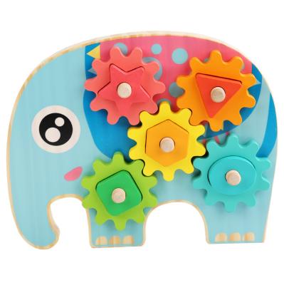 China Cartoon Toy Wholesale Children Wooden Rotate Gear Bricks Educational Funny Diy Elephant Blocks Toy Animal Rotating Gear Toy for sale