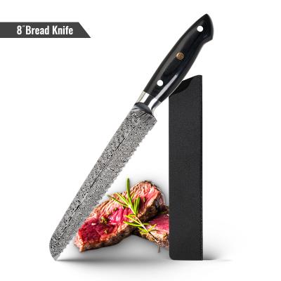 China KONOLL RTS 8Inch Damascus Laser Pattern Disposable Bread Knife In Carbon Steel Serrated Blade Knife Frozen Meat Knife 1PC MOQ for sale