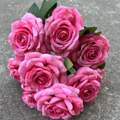 China Top Hot Pink Decor 9 Long Lasting Wedding Rose Bouquets Artificial Flower Wholesale for sale