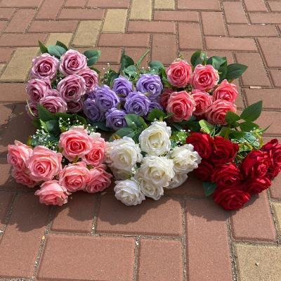 China Wholesale Durable Artificial Flower 9 Main Red Silk Rose Bouquets For Wedding for sale