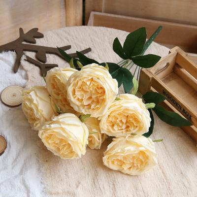 China Decoration Durable Wedding 7 Austin Roses Bouquets Champagne Master Rose Flowers Artificial for sale