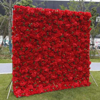 China Long Lasting 8*8ft Red Silk Rose Floral Backdrop Artificial Flower Wall For Wedding for sale