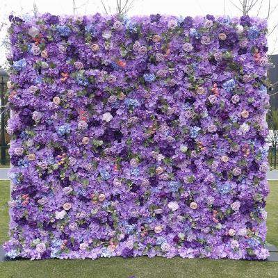 China Durable Custom Purple 3d 5d Fabric Flower Wall Panel Backdrop Wedding Decor for sale