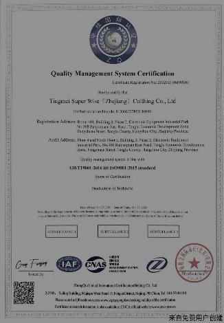 ISO9001 - Tingmei Super Wise (zhejiang) Clothing Co.,ltd.