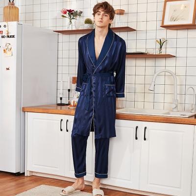 China Spring Autumn Satin QUICK DRY Bathrobe For Men Fashion Concise Sleepwear Customized Stripe Long Robe Sets for sale