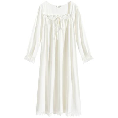 China Summer QUICK DRY Women Long Sleeved Solid Color Cotton Nightgown With Lace U Neck Sleepwear for sale