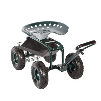 China Easy Rolling Movable Garden Cart Scooter With Tool Tray, Swivel Seat And Basket for sale