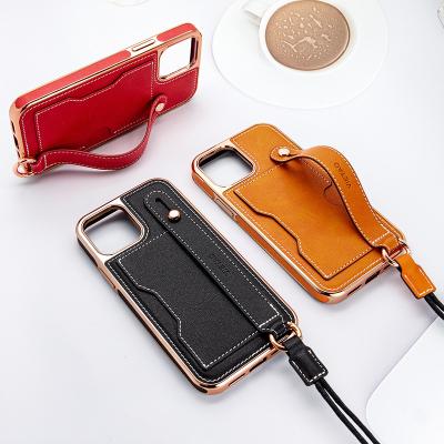 China VIETAO Shockproof Branded Leather Textured Phone Case With Embroidery Back Wrist Strap Kickstand PU Leather Cross - Body Case For iPhone 13 12 for sale