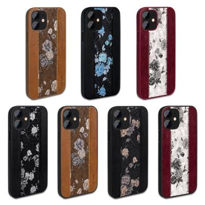 China VIETAO Retro Vintage Flower Shockproof Cell Phone Leather Case For iphone 13 Pro Max Stitched Leather Mobile Case 12 Netting for sale