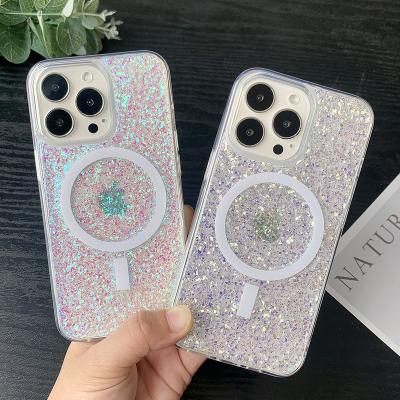 China Bling Bling Glitter Shockproof Transparent Clear Epoxy Phone Case For iphone 11 pro 12 13 Max Magnetic Mobile Cover For Magsafe for sale