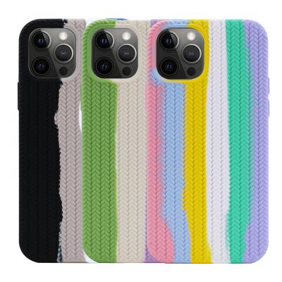 China Soft Microfiber Striping On Inner Rainbow Color Woven Stripe Pattern Silicone Cell Phone Case For Iphone 13 12 11 pro Max Custom Phone Case for sale