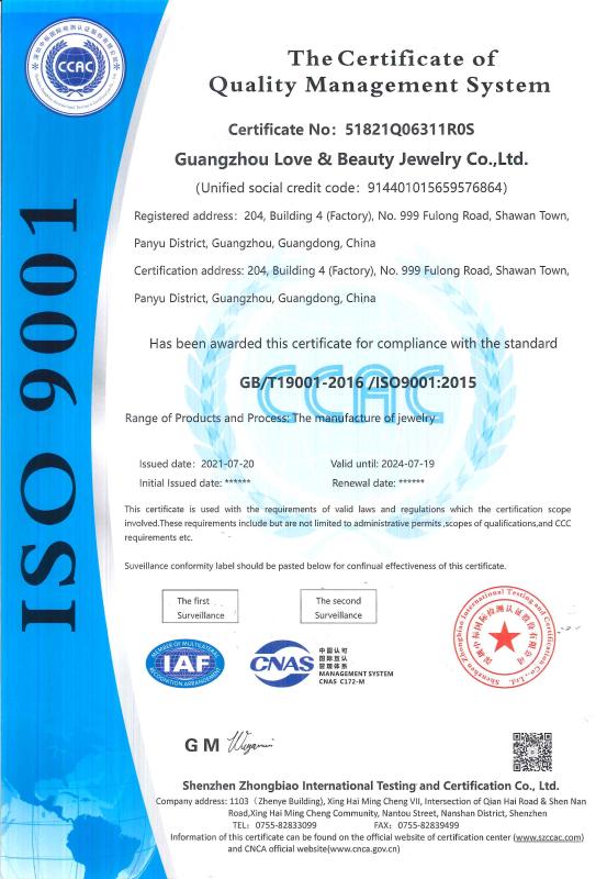 ISO9001 - Guangzhou Love & Beauty Jewelry Co., Ltd.