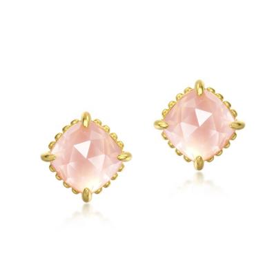 China Nickel Free Silver Jewelry S925 Big Gemstone Earrings Gold Plating Natural Stone Rose Quartz Stud Earrings for sale