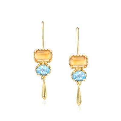 China Nickel Free Cool 925 Sterling Silver Gold Plated Dangle Yellow Crystal Blue Topaz Drop Circle Earrings for sale