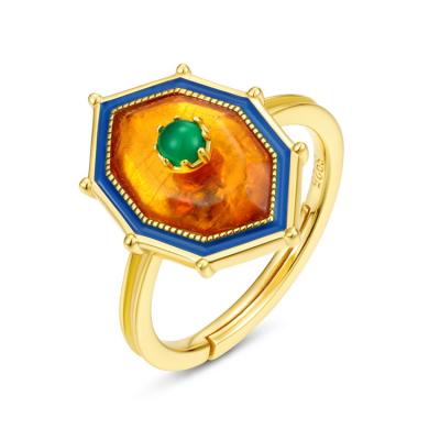 China TRENDY Shining Yellow Amber Green Agate Gemstone Silver Rings 925 Sterling Silver Jewelry Rings With for sale