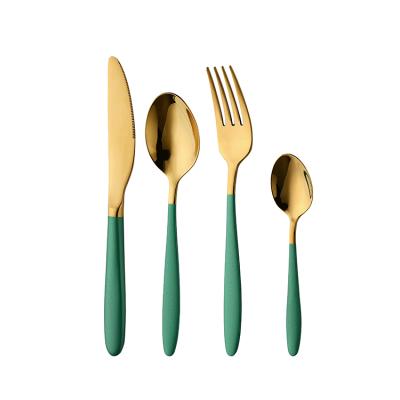 China Sustainable Cutlery Gold Cutlery 18/10 Stainless Set Handle Flatware Set Green Gold Plated for sale