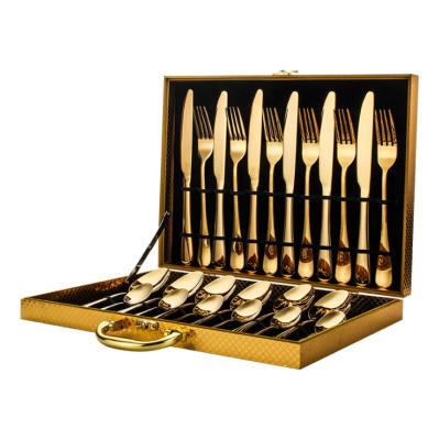 China Sustainable 24 Piece Luxury Cutlery Sets Gold Silver Stainless Steel Flatware Silverware Set With Wooden Box for sale