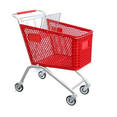 China Unfolding American Style 125L Plastic Supermarket Shopping Trolley Cart Plastic Basket With Baby Seat for sale