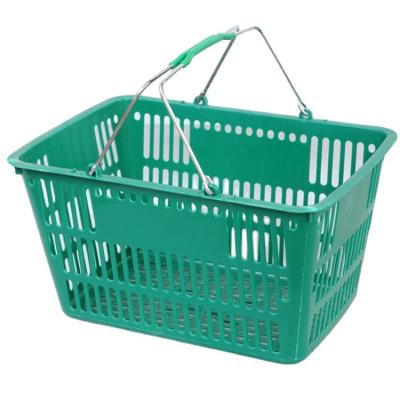 China 1) Supermarket 2)stores 25L Red Blue Green Double Handle Color Plastic Supermarket Shopping Basket for sale