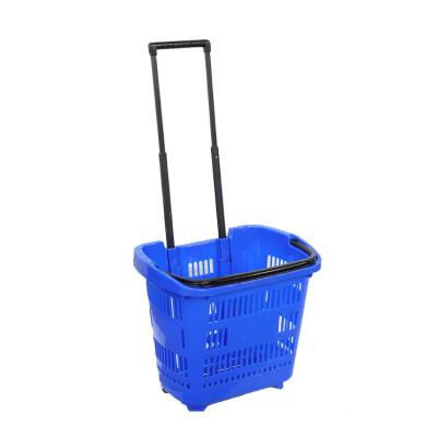 China 1) Supermarket 2)stores Factory Price Blue Plastic Rolling Supermarket Shopping Basket With 4 Wheel for sale